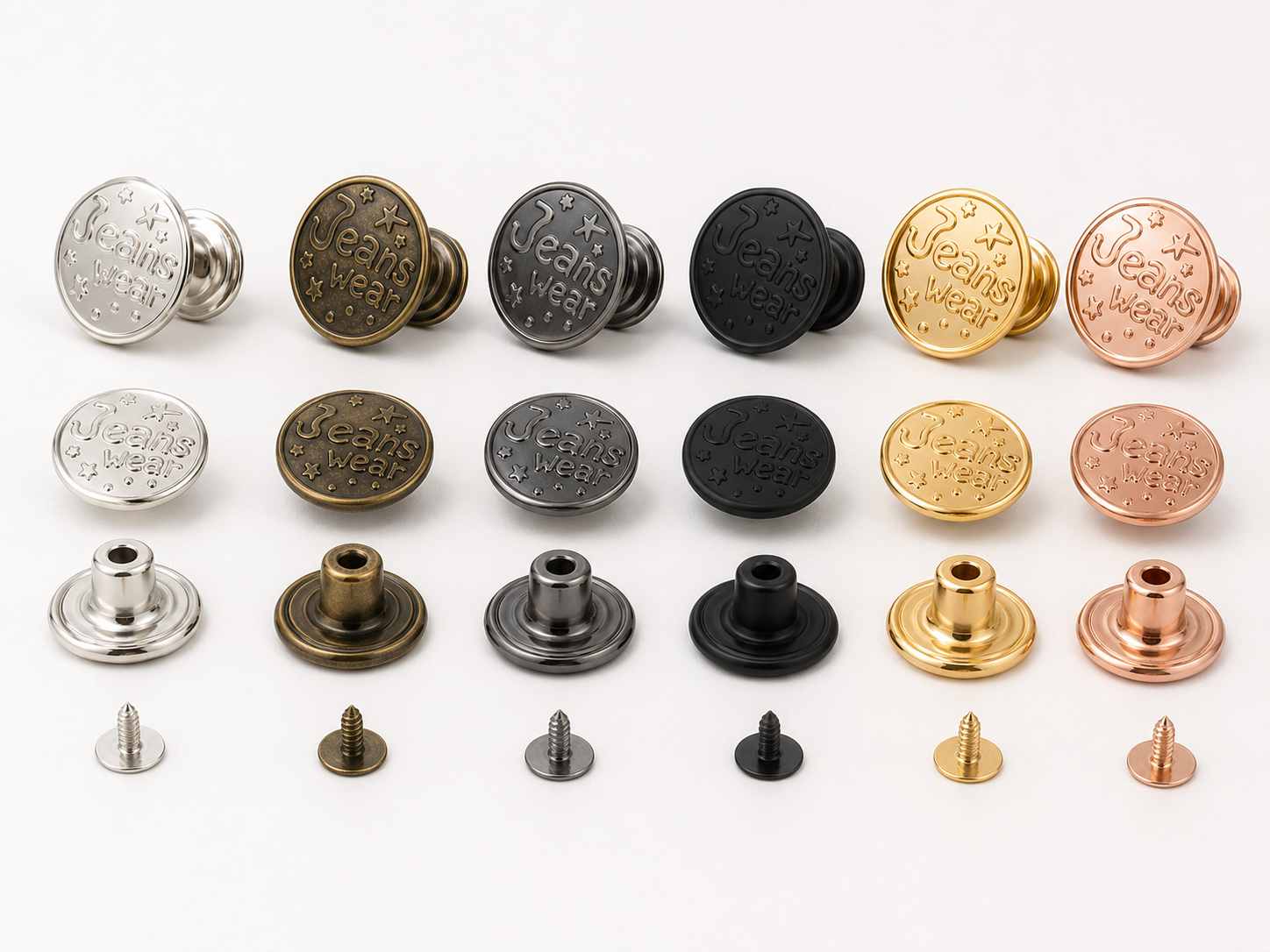 tack buttons, Tack buttons with matching metal tacks are arranged by color in three horizontal rows on a white background.